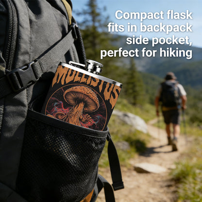 Mushroom and text graphic print Stainless Steel Mini Flask 8oz Portable Travel Drinkware, Unique Gift for Golf Enthusiasts, Outdoor Activities, Parties & Special Occasions