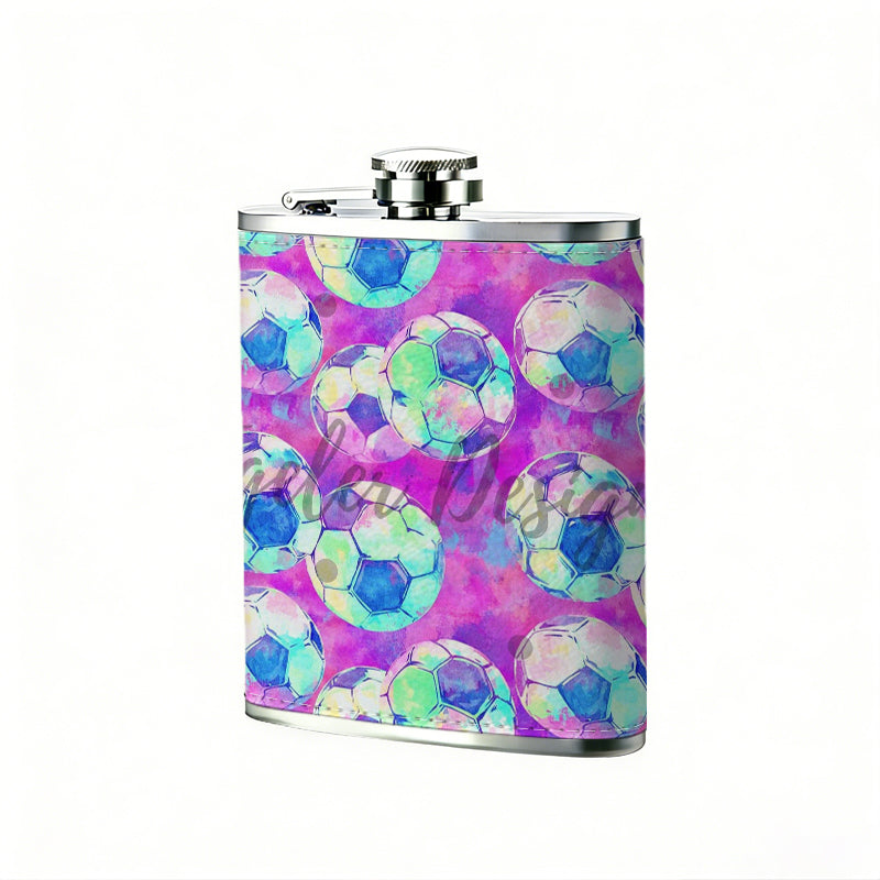 Purple background with colorful circular patterns Stainless Steel Mini Flask 8oz Portable Travel Drinkware, Unique Gift for Golf Enthusiasts, Outdoor Activities, Parties & Special Occasions