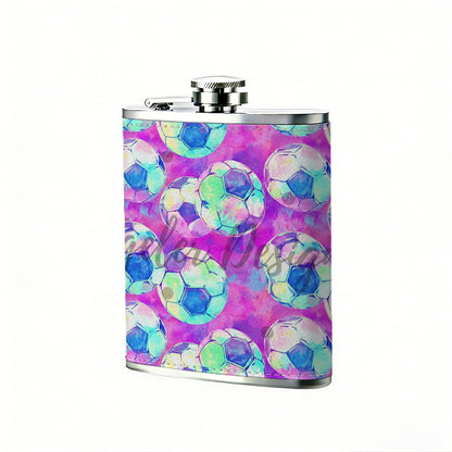 Purple background with colorful circular patterns Stainless Steel Mini Flask 8oz Portable Travel Drinkware, Unique Gift for Golf Enthusiasts, Outdoor Activities, Parties & Special Occasions