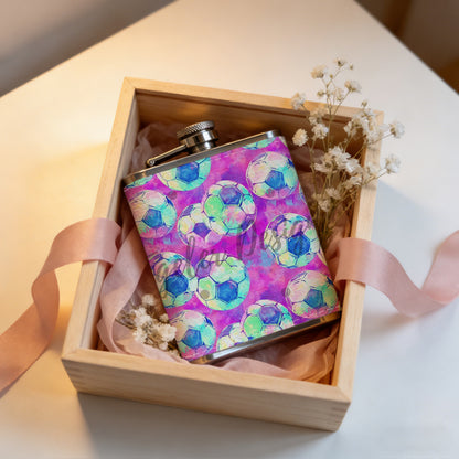 Purple background with colorful circular patterns Stainless Steel Mini Flask 8oz Portable Travel Drinkware, Unique Gift for Golf Enthusiasts, Outdoor Activities, Parties & Special Occasions
