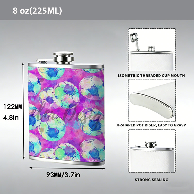 Purple background with colorful circular patterns Stainless Steel Mini Flask 8oz Portable Travel Drinkware, Unique Gift for Golf Enthusiasts, Outdoor Activities, Parties & Special Occasions