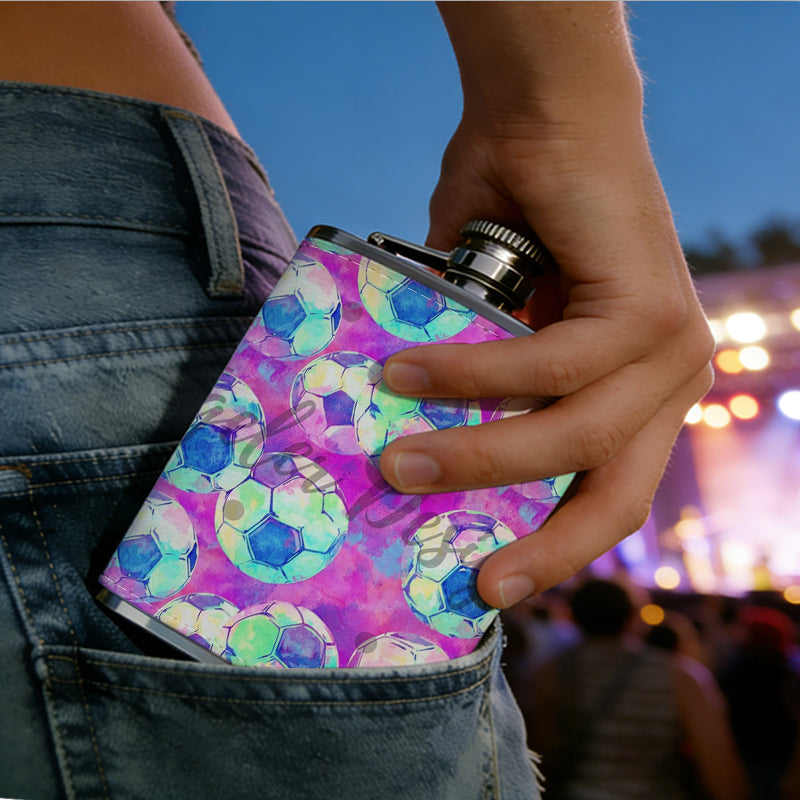 Purple background with colorful circular patterns Stainless Steel Mini Flask 8oz Portable Travel Drinkware, Unique Gift for Golf Enthusiasts, Outdoor Activities, Parties & Special Occasions