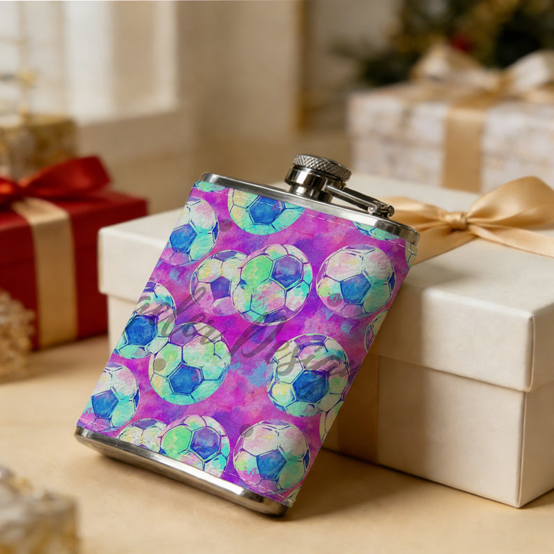 Purple background with colorful circular patterns Stainless Steel Mini Flask 8oz Portable Travel Drinkware, Unique Gift for Golf Enthusiasts, Outdoor Activities, Parties & Special Occasions