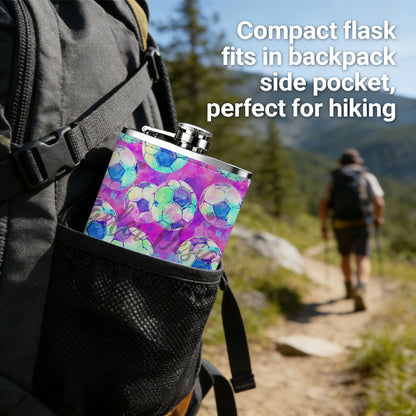 Purple background with colorful circular patterns Stainless Steel Mini Flask 8oz Portable Travel Drinkware, Unique Gift for Golf Enthusiasts, Outdoor Activities, Parties & Special Occasions
