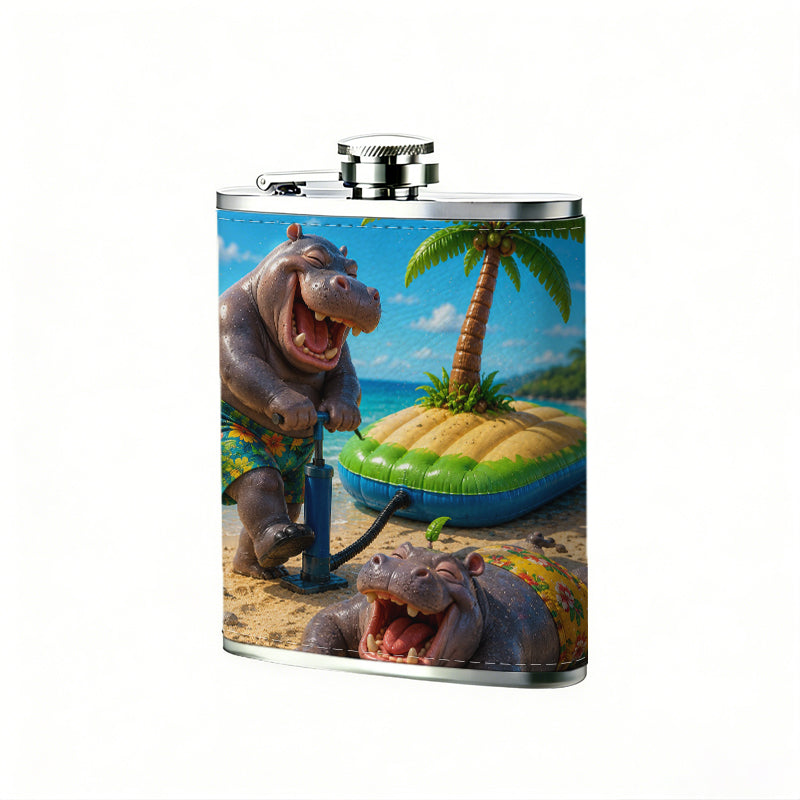 Two cartoon hippos on a tropical beach Stainless Steel Mini Flask 8oz Portable Travel Drinkware, Unique Gift for Golf Enthusiasts, Outdoor Activities, Parties & Special Occasions