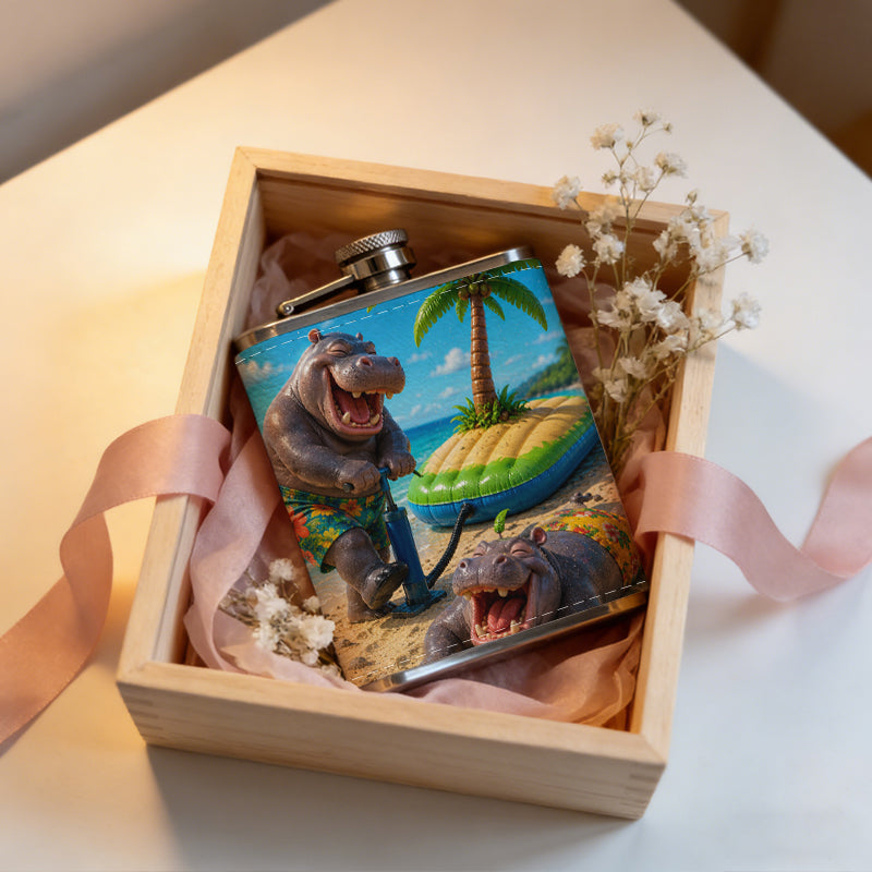 Two cartoon hippos on a tropical beach Stainless Steel Mini Flask 8oz Portable Travel Drinkware, Unique Gift for Golf Enthusiasts, Outdoor Activities, Parties & Special Occasions