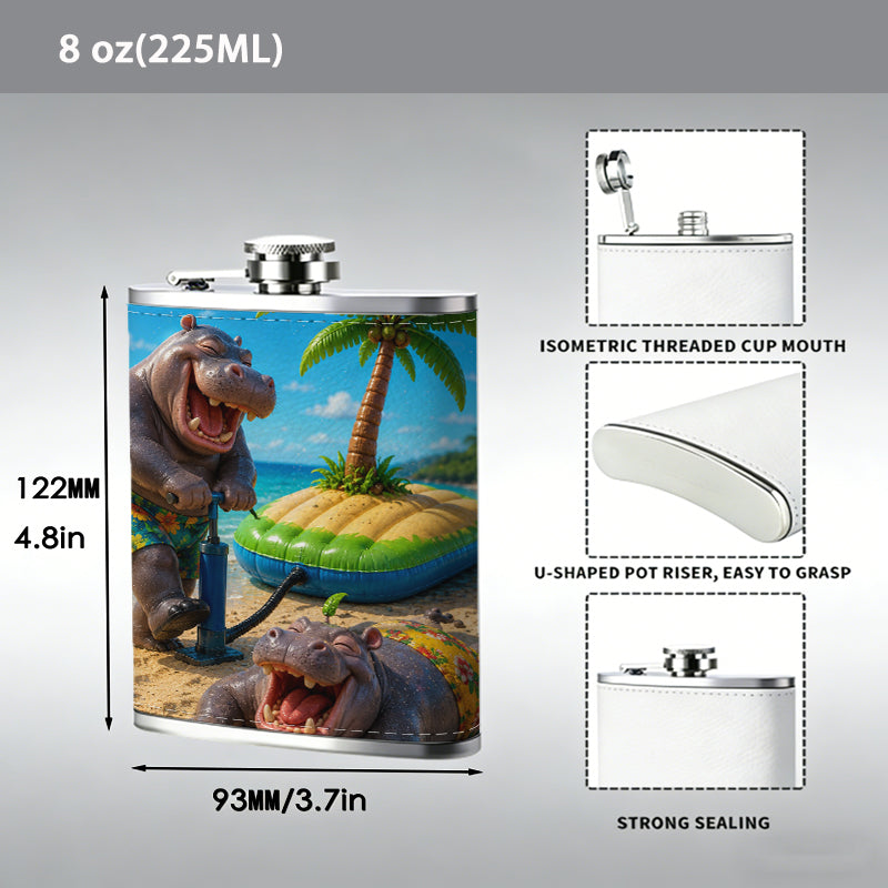 Two cartoon hippos on a tropical beach Stainless Steel Mini Flask 8oz Portable Travel Drinkware, Unique Gift for Golf Enthusiasts, Outdoor Activities, Parties & Special Occasions