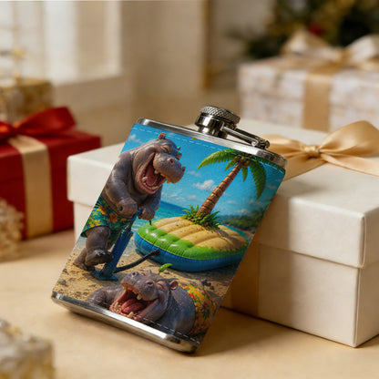 Two cartoon hippos on a tropical beach Stainless Steel Mini Flask 8oz Portable Travel Drinkware, Unique Gift for Golf Enthusiasts, Outdoor Activities, Parties & Special Occasions
