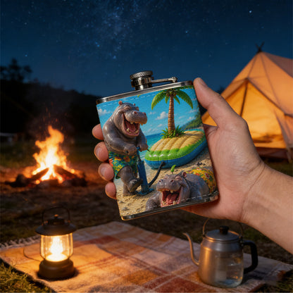 Two cartoon hippos on a tropical beach Stainless Steel Mini Flask 8oz Portable Travel Drinkware, Unique Gift for Golf Enthusiasts, Outdoor Activities, Parties & Special Occasions