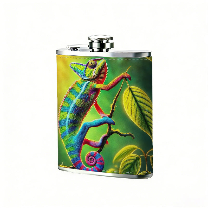 Colorful chameleon among leaves Stainless Steel Mini Flask 8oz Portable Travel Drinkware, Unique Gift for Golf Enthusiasts, Outdoor Activities, Parties & Special Occasions