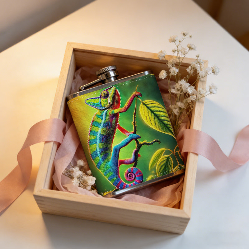 Colorful chameleon among leaves Stainless Steel Mini Flask 8oz Portable Travel Drinkware, Unique Gift for Golf Enthusiasts, Outdoor Activities, Parties & Special Occasions