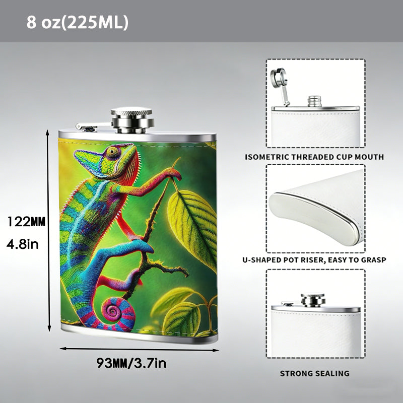 Colorful chameleon among leaves Stainless Steel Mini Flask 8oz Portable Travel Drinkware, Unique Gift for Golf Enthusiasts, Outdoor Activities, Parties & Special Occasions