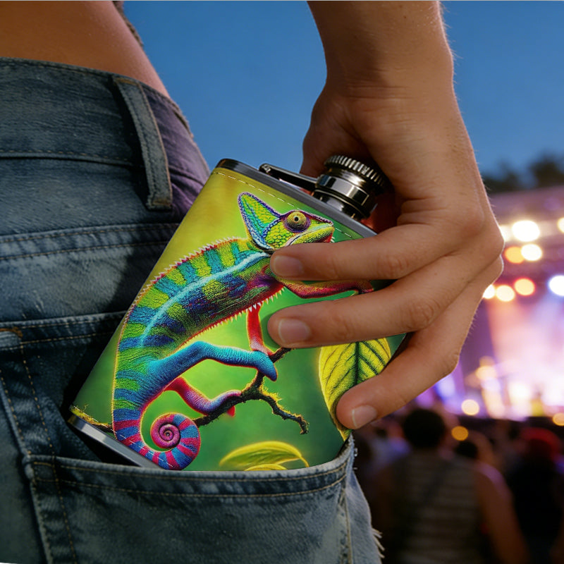 Colorful chameleon among leaves Stainless Steel Mini Flask 8oz Portable Travel Drinkware, Unique Gift for Golf Enthusiasts, Outdoor Activities, Parties & Special Occasions