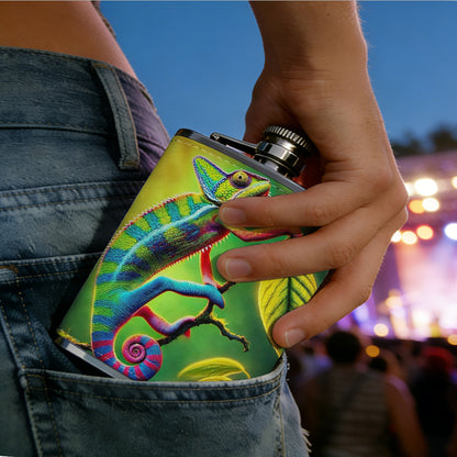 Colorful chameleon among leaves Stainless Steel Mini Flask 8oz Portable Travel Drinkware, Unique Gift for Golf Enthusiasts, Outdoor Activities, Parties & Special Occasions