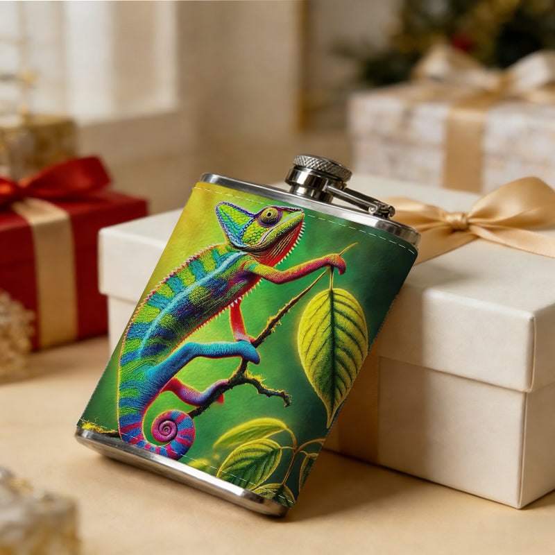Colorful chameleon among leaves Stainless Steel Mini Flask 8oz Portable Travel Drinkware, Unique Gift for Golf Enthusiasts, Outdoor Activities, Parties & Special Occasions