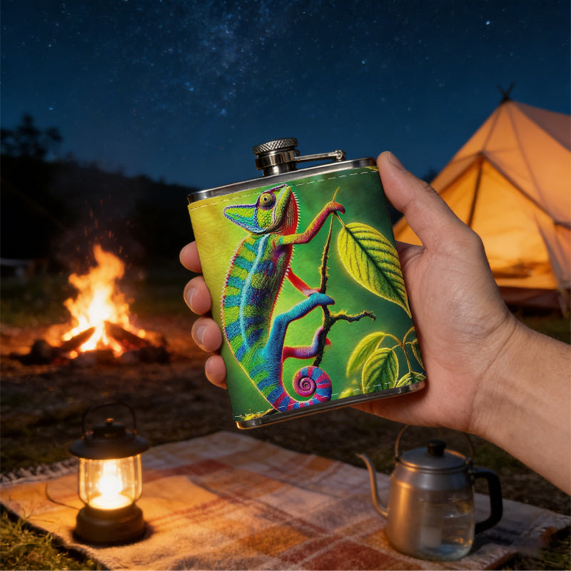 Colorful chameleon among leaves Stainless Steel Mini Flask 8oz Portable Travel Drinkware, Unique Gift for Golf Enthusiasts, Outdoor Activities, Parties & Special Occasions