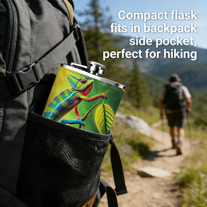 Colorful chameleon among leaves Stainless Steel Mini Flask 8oz Portable Travel Drinkware, Unique Gift for Golf Enthusiasts, Outdoor Activities, Parties & Special Occasions