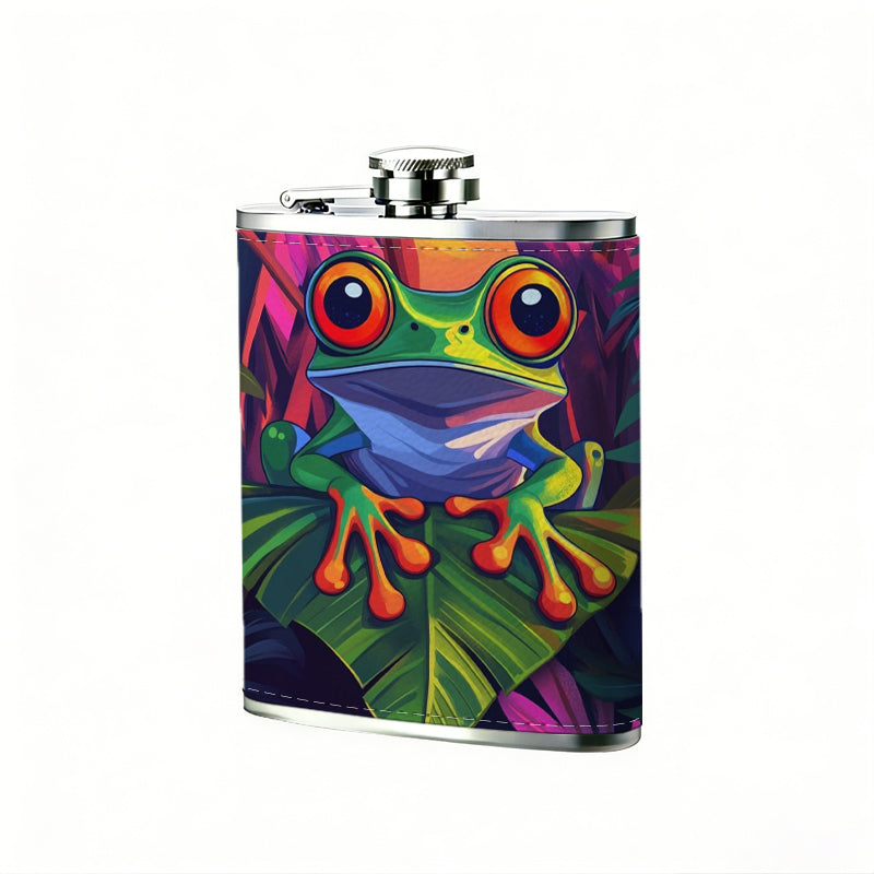 Painting of red-eyed tree frog on leaves Stainless Steel Mini Flask 8oz Portable Travel Drinkware, Unique Gift for Golf Enthusiasts, Outdoor Activities, Parties & Special Occasions