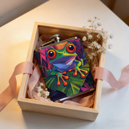 Painting of red-eyed tree frog on leaves Stainless Steel Mini Flask 8oz Portable Travel Drinkware, Unique Gift for Golf Enthusiasts, Outdoor Activities, Parties & Special Occasions