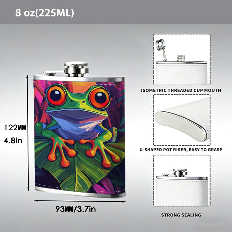 Painting of red-eyed tree frog on leaves Stainless Steel Mini Flask 8oz Portable Travel Drinkware, Unique Gift for Golf Enthusiasts, Outdoor Activities, Parties & Special Occasions