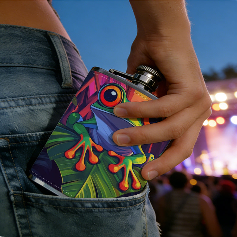 Painting of red-eyed tree frog on leaves Stainless Steel Mini Flask 8oz Portable Travel Drinkware, Unique Gift for Golf Enthusiasts, Outdoor Activities, Parties & Special Occasions