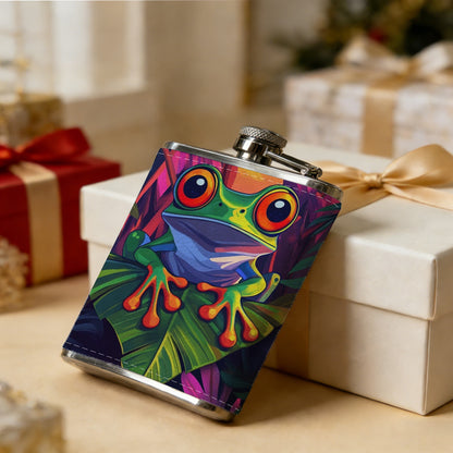Painting of red-eyed tree frog on leaves Stainless Steel Mini Flask 8oz Portable Travel Drinkware, Unique Gift for Golf Enthusiasts, Outdoor Activities, Parties & Special Occasions