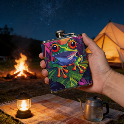 Painting of red-eyed tree frog on leaves Stainless Steel Mini Flask 8oz Portable Travel Drinkware, Unique Gift for Golf Enthusiasts, Outdoor Activities, Parties & Special Occasions