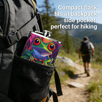 Painting of red-eyed tree frog on leaves Stainless Steel Mini Flask 8oz Portable Travel Drinkware, Unique Gift for Golf Enthusiasts, Outdoor Activities, Parties & Special Occasions