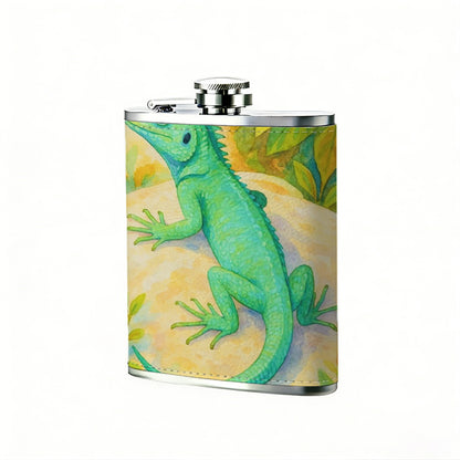 A green lizard among plants Stainless Steel Mini Flask 8oz Portable Travel Drinkware, Unique Gift for Golf Enthusiasts, Outdoor Activities, Parties & Special Occasions