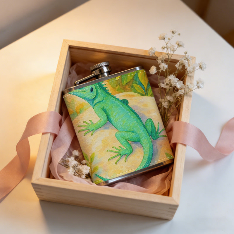 A green lizard among plants Stainless Steel Mini Flask 8oz Portable Travel Drinkware, Unique Gift for Golf Enthusiasts, Outdoor Activities, Parties & Special Occasions