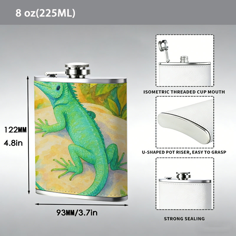 A green lizard among plants Stainless Steel Mini Flask 8oz Portable Travel Drinkware, Unique Gift for Golf Enthusiasts, Outdoor Activities, Parties & Special Occasions