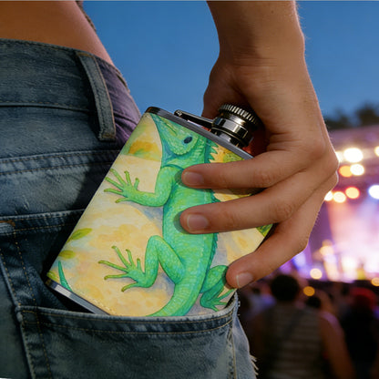 A green lizard among plants Stainless Steel Mini Flask 8oz Portable Travel Drinkware, Unique Gift for Golf Enthusiasts, Outdoor Activities, Parties & Special Occasions