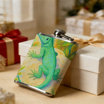 A green lizard among plants Stainless Steel Mini Flask 8oz Portable Travel Drinkware, Unique Gift for Golf Enthusiasts, Outdoor Activities, Parties & Special Occasions