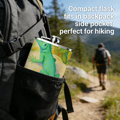 A green lizard among plants Stainless Steel Mini Flask 8oz Portable Travel Drinkware, Unique Gift for Golf Enthusiasts, Outdoor Activities, Parties & Special Occasions