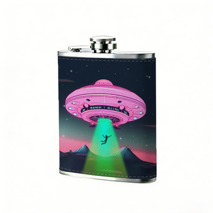 Neon UFO with green beam in space Stainless Steel Mini Flask 8oz Portable Travel Drinkware, Unique Gift for Golf Enthusiasts, Outdoor Activities, Parties & Special Occasions