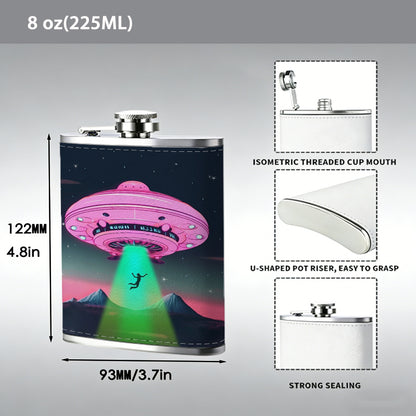 Neon UFO with green beam in space Stainless Steel Mini Flask 8oz Portable Travel Drinkware, Unique Gift for Golf Enthusiasts, Outdoor Activities, Parties & Special Occasions