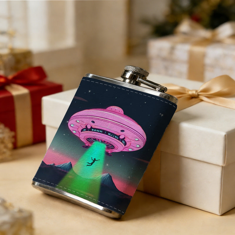 Neon UFO with green beam in space Stainless Steel Mini Flask 8oz Portable Travel Drinkware, Unique Gift for Golf Enthusiasts, Outdoor Activities, Parties & Special Occasions