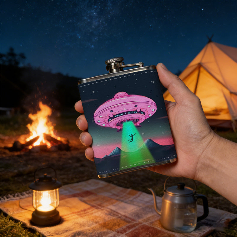 Neon UFO with green beam in space Stainless Steel Mini Flask 8oz Portable Travel Drinkware, Unique Gift for Golf Enthusiasts, Outdoor Activities, Parties & Special Occasions