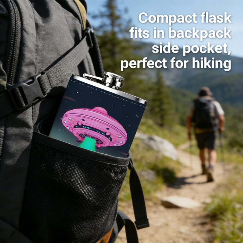 Neon UFO with green beam in space Stainless Steel Mini Flask 8oz Portable Travel Drinkware, Unique Gift for Golf Enthusiasts, Outdoor Activities, Parties & Special Occasions
