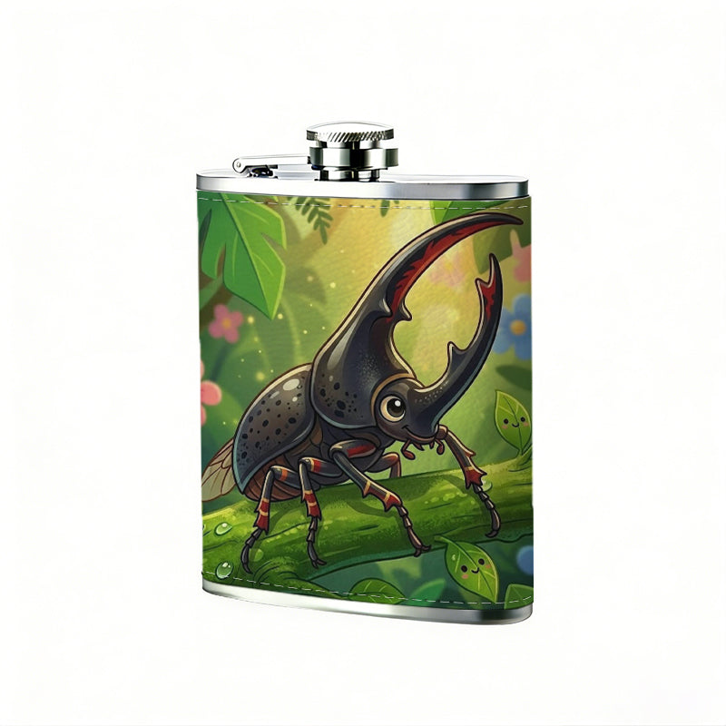 Rhinoceros beetle among green plants and flowers PU Flask, Men's Personalized Water Bottle, Leather Hip Bottle, Groom Gifts, Groom Suggestions, Wedding Party Favors, Best Christmas Gifts, Christmas Gifts, Christmas, Can Be Used in 4 Seasons
