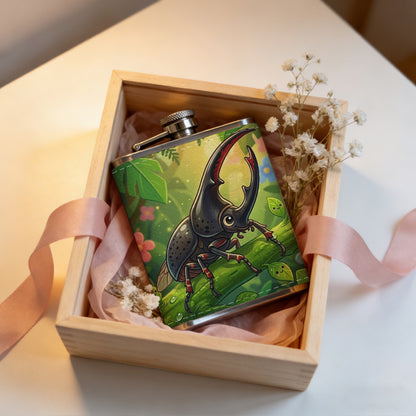 Rhinoceros beetle among green plants and flowers PU Flask, Men's Personalized Water Bottle, Leather Hip Bottle, Groom Gifts, Groom Suggestions, Wedding Party Favors, Best Christmas Gifts, Christmas Gifts, Christmas, Can Be Used in 4 Seasons