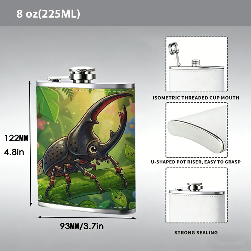 Rhinoceros beetle among green plants and flowers PU Flask, Men's Personalized Water Bottle, Leather Hip Bottle, Groom Gifts, Groom Suggestions, Wedding Party Favors, Best Christmas Gifts, Christmas Gifts, Christmas, Can Be Used in 4 Seasons