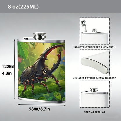 Rhinoceros beetle among green plants and flowers PU Flask, Men's Personalized Water Bottle, Leather Hip Bottle, Groom Gifts, Groom Suggestions, Wedding Party Favors, Best Christmas Gifts, Christmas Gifts, Christmas, Can Be Used in 4 Seasons
