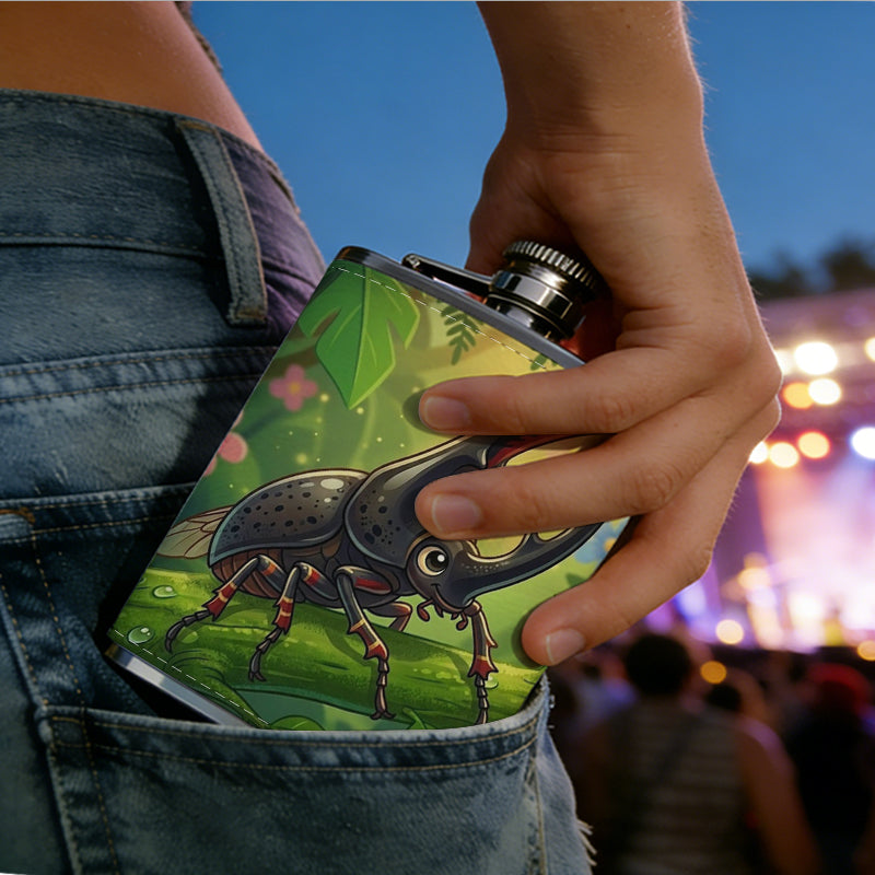 Rhinoceros beetle among green plants and flowers PU Flask, Men's Personalized Water Bottle, Leather Hip Bottle, Groom Gifts, Groom Suggestions, Wedding Party Favors, Best Christmas Gifts, Christmas Gifts, Christmas, Can Be Used in 4 Seasons