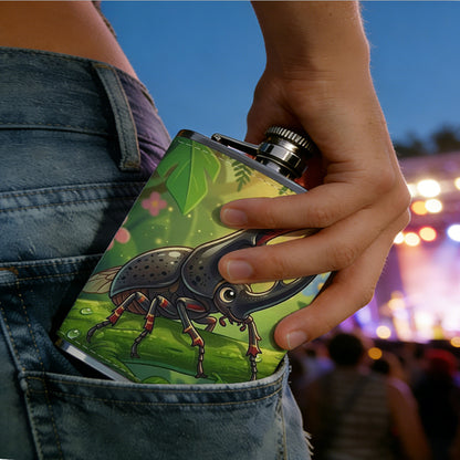 Rhinoceros beetle among green plants and flowers PU Flask, Men's Personalized Water Bottle, Leather Hip Bottle, Groom Gifts, Groom Suggestions, Wedding Party Favors, Best Christmas Gifts, Christmas Gifts, Christmas, Can Be Used in 4 Seasons