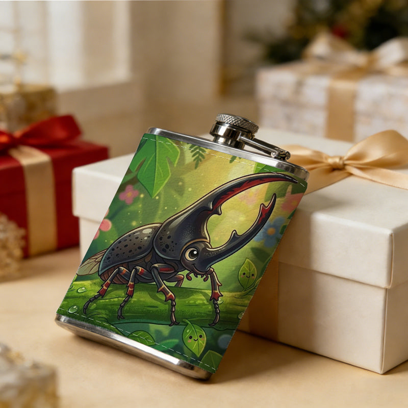 Rhinoceros beetle among green plants and flowers PU Flask, Men's Personalized Water Bottle, Leather Hip Bottle, Groom Gifts, Groom Suggestions, Wedding Party Favors, Best Christmas Gifts, Christmas Gifts, Christmas, Can Be Used in 4 Seasons