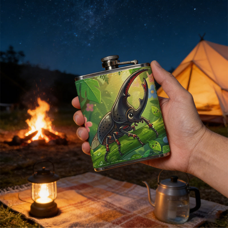 Rhinoceros beetle among green plants and flowers PU Flask, Men's Personalized Water Bottle, Leather Hip Bottle, Groom Gifts, Groom Suggestions, Wedding Party Favors, Best Christmas Gifts, Christmas Gifts, Christmas, Can Be Used in 4 Seasons