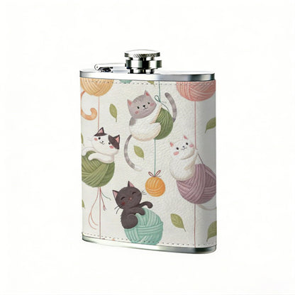 Cartoon cats and colorful yarn balls PU Flask, Men's Personalized Water Bottle, Leather Hip Bottle, Groom Gifts, Groom Suggestions, Wedding Party Favors, Best Christmas Gifts, Christmas Gifts, Christmas, Can Be Used in 4 Seasons