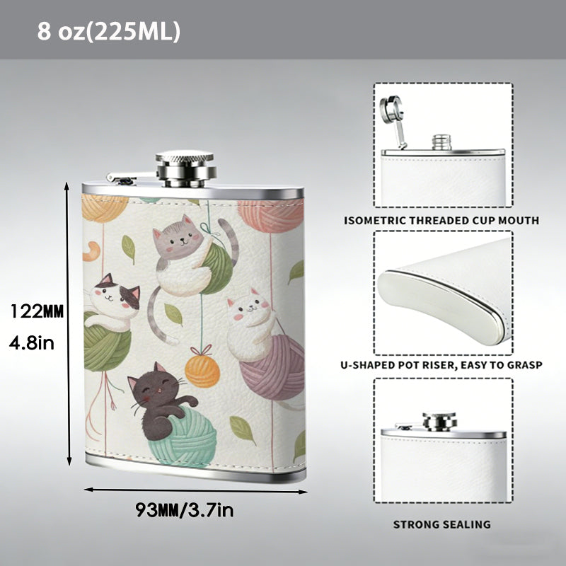 Cartoon cats and colorful yarn balls PU Flask, Men's Personalized Water Bottle, Leather Hip Bottle, Groom Gifts, Groom Suggestions, Wedding Party Favors, Best Christmas Gifts, Christmas Gifts, Christmas, Can Be Used in 4 Seasons