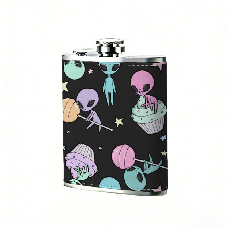 Colorful aliens, planets and stars on black background PU Flask, Men's Personalized Water Bottle, Leather Hip Bottle, Groom Gifts, Groom Suggestions, Wedding Party Favors, Best Christmas Gifts, Christmas Gifts, Christmas, Can Be Used in 4 Seasons